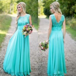 2022 Turquoise Bridesmaids Dresses Sheer Jewel Neck Lace Top Chiffon Long Country Bridesmaid Maid of Honor Wedding Guest Dresses CPS574