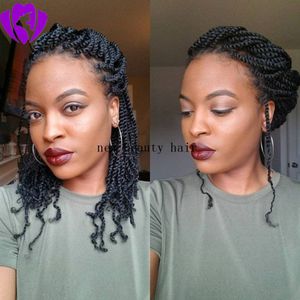 Högkvalitativ Kinky Twist Brasiliansk Full Lace Front Wig Kort Bob Wig Syntetisk Värmebeständig Svart Brun Box Braid Paryk för Svarta Kvinnor