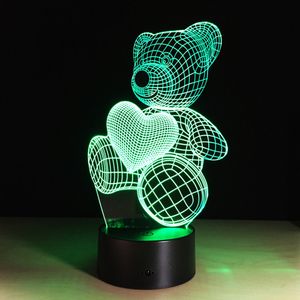 Tecknad söt hjärtabjörn form akryl LED lampa 3d natt ljus sovande belysning # R42