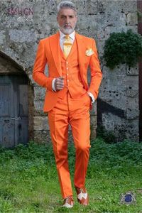 Custom Design One Button Orange Wedding Groom Tuxedos Peak Lapel Groomsmen Mens Dinner Blazer Suits (Jacket+Pants+Vest+Tie) NO:1545