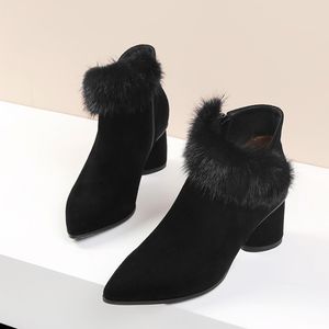 High Quality Designer Winter Women Boots 6 CM Chunky Heels With Rex Rabbit Fur Pointed Toe Shoes Comfortable Black Ankle Boot