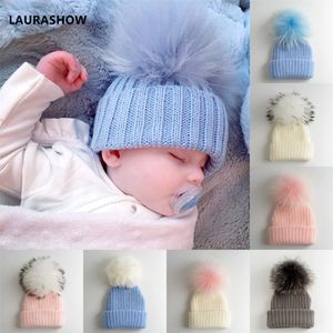 LAURASHOW Kids Winter Fur Pompoms Fur Ball Cap Boys Girls Beanie Fur Knit Child Wool Hat D18110601