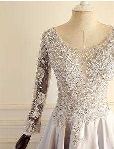 Sexiga Silver Aftonklänningar Illusion Sheer med Applique Beading Sequins Långärmade Satin Långärmade Kvällar