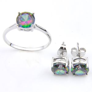 Luckyshine semester smycken gåva klassisk regnbåge mystic topaz pärlor 925 sterling silver ring stud örhängen kvinnor smycken set gratis shippings