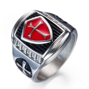 Red Lodge Enamel knights templar emblem masonic cross Rings wholesale 316 Stainless Steel men's Women shield design retro jewelry