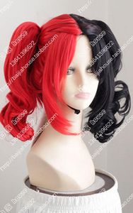 Harley Quinn Wig Black Red Wavy Synthetic Hair Ponytail Medium Wave Cosplay Wigs