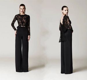 Black Lace Top Formal Pant Suits Evening Dresses With Big Bow Long Sleeves Arabic Custom Made Prom Party Dresses HY4209