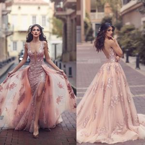 Saudi Arabic Overskirt Mermaid Evening Dresses New Design Blush Sheer Backless V Neck Appliques with Capes Long Prom Party Split Gowns