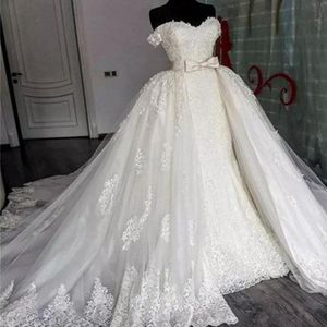 Retro Lace Bröllopsklänningar 2019 Vår sommar Av axel sjöjungfru Brudklänningar med Tulle Overskirts Custom Made Wedding Vestidos