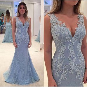 Light Blue Mermaid Prom Dresses Long V Neck Lace Evening Gowns See Through Back Formal Dress