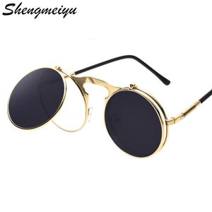 2018 Yeni Flip Up Steampunk Güneş Gözlüğü Erkekler Yuvarlak Vintage Erkek Sunglass Marka Moda Gözlük UV400