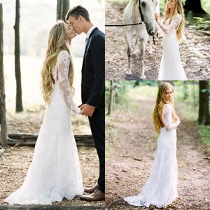 Bohemian Country Style Cheap Mermaid Dresses Sexy Long Sleeves Lace Appliqued Sweep Train Backless Bridal Gowns Wedding Dress Custom