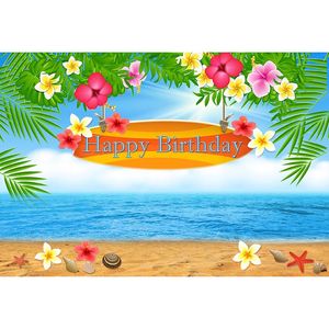 Beach Birthday Party Booth Backdrop Customized Blue Sky Sea Printed Flowers Green Palm Tree Leaves Baby Kids Photo Backgrounds