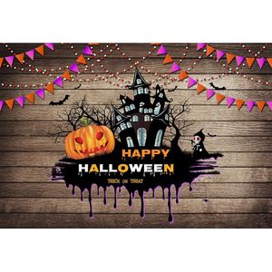 Lycklig Halloween Wood Photography Backdrops Tryckta flaggor Bats Pumpkin Lantern Ghost Old Castle Kids Trick och Behandla Bakgrunder