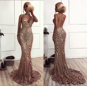 2019 Rose Gold paljetter Prom Dresses African Luxury Mermaid V Neck Sweep Train Backless Prom Dresses Evening Wear