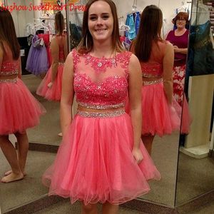 Two Piece Cheap Homecoming Dresses A Line Scoop Illusion Bodice Crystal Beaded Water Melon Tulle Applique Prom Dresses Graduation Gowns DH73