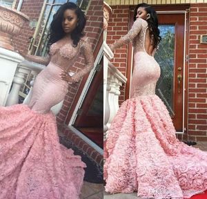 Luxury African Middle East Prom Dresses 2018 sjöjungfru Långa ärmar för svarta flickor Sexig Sheer Pärlor aftonklänningar skräddarsydda Festa