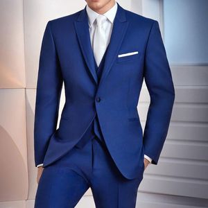 Royal Blue Business Men Suits Three Piece Custom Made Wedding Groom Tuxedos Jacket Pants Vest