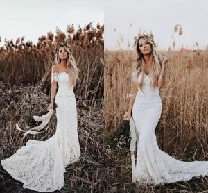 2019 elegant boho sjöjungfru bröllopsklänningar från axelns korta ärmar fulla spets bröllop brudklänningar billigt långt soptåg