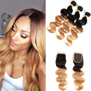 Brazilian Body Wave Dark Brown Human Hair Bundles With Closure Wholesale Colored 1B/27# Two Tone Virgin Hair Weave Extensions