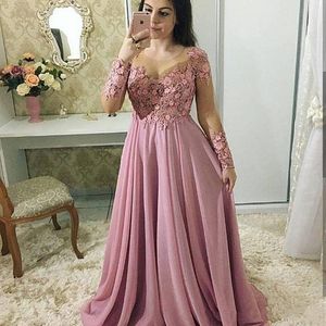 Rodna rosa långärmad prom klänningar med 3d flora appliques chiffong en linje formell kvällsklänning speciell tillfälle klänning