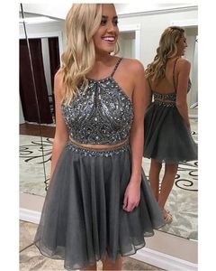 Silver Two Pieces Short Prom Dresses Halter Top Crystal Beaded Sequins Backless Piping Homecoming Dress Cocktail Graduation Dress Cheap