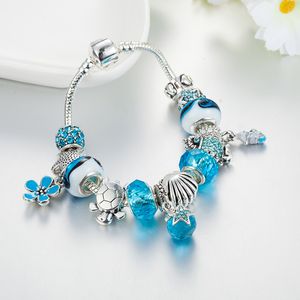 Mode 925 Sterling Silber vergoldet Stern Charms Armband blau Murano GlasKristall europäische Charm Perlen für Pandora-Armbänder