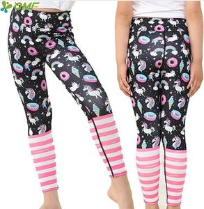 Tecknad unicorns print söt tjej yoga byxor jogging tonåring fitness leggings färgglada regnbåge barn skinny sportbyxor slim