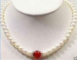 8-9мм натуральный белый культивированный жемчуг /красный нефрит ожерелье 18