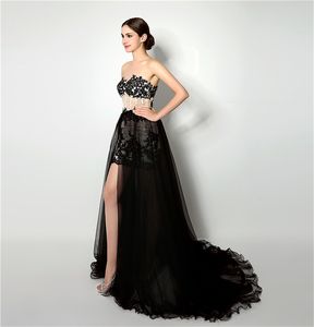 Sexy two Pieces Prom Dresses Exposed Boning Pleats Tulle Applique with Beads Evening Dresses