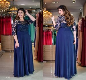 Dark Navy Plus Size Mother of Bride Dresses Modest Sheer Half Sleeves Appliques Formal Mother Evening Gowns Wedding Guest Dresses