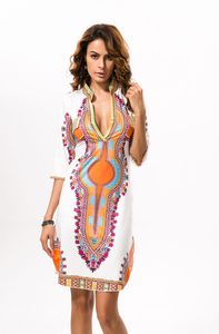 Африканская одежда Dashiki платье для женщин случайные летние платья халат мода печати V образным вырезом чешский Bodycon платье