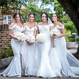 Wholesale silver grey bridesmaid dresses for sale - Group buy Off the Shoulder V Neck Lace Appliques Elastic Satin Elegant Bridesmaid Dress Silver Grey New Mermaid Maid of Honor Dresses