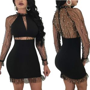 Pearl Black Mesh Dress Women Ruffle Round Neck Long Sleeve Sexy party Dress Sexy Hollow Out Party Bodycon Dress Celebrity Night Club Dresses