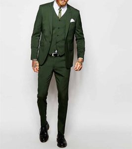 New Arrival Olive Green Groom Tuxedos Peak Lapel Center Vent Man Wedding Suit Men Business Dinner Prom Blazer(Jacket+Pants+Tie+Vest) 386