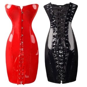 Sexy Women Sleeveless Red Black PVC Leather Dress Latex Erotic Club Bandage Costumes lace up Erotic Strapless Sheath Hollow Out Y18102206