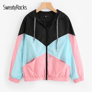 スウィートロック女性冬のコートとジャケットの多色カットと縫製フード付きウインドブレーカーのジャケットカラーブロックコートL18101001