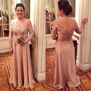 2021 Blush Pink Mother Of The Bride Dresses Jewel Neck Lace Appliques Flowers Illusion Satin Long Sleeves Evening Dress Wedding Gu221s