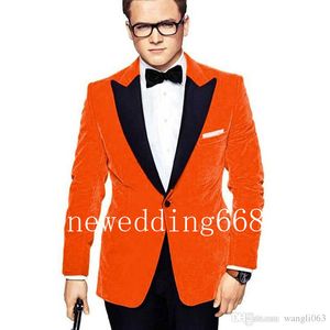 Högkvalitativ Cool Velvet Peak Lapel Orange Groom Tuxedos Män Passar Bröllop Prom Dinner Man Blazer (Jacka + Tie + Byxor)