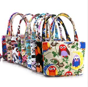 England style Canvas floral tote zipper bag owl print women outdoor travel makeup coin purse money bags beach storage hand bag