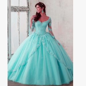 新しいQuinceanera Pageant Ball Gown Long-Sleeve Dresses Prom Party Dresses Pink Tulle Applique Lace Sexy16ドレスDH4066