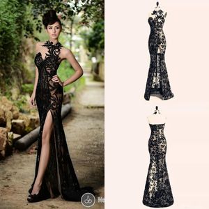Hot Selling Beading Sexy Black Split Lace Evening Dress Split Long Prom Mermaid Gowns Custom Made High Neck Sleeveless Sequins Lace Gowns
