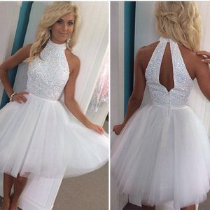 White New Beading Homecoming Dresses Short Keyhole Back Prom Dresses 2019 A Line High Neck Party Dresses Formal Evening Gowns 37