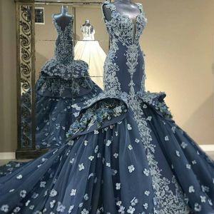 Гламурный Дубай Русалка платье выпускного вечера с 3D цветы площади шеи кружева цветочные аппликации тюль вечернее платье привлекательный Дубай женщины вечернее платье