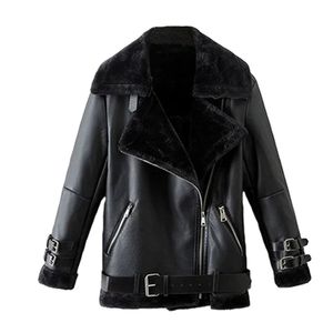 Faux Leather Suede Coat  Black Leather Jacket Winter Warm Lambs Wool Fur Collar Suede Jackets Shearling Coats Women