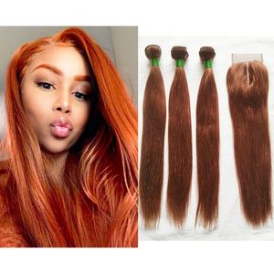 Brasilianska Human Hair Weave Färg 33 Bundlar med stängning Peruvian Malaysian Dark Auburn Rak hårväv 3 buntar med 4x4 spetslåsning
