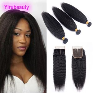 Malaysian Virgin Human Hair Yaki Straight Natural Color 8-28inch Bundles With 4 X 4 Lace Closure Middle Three Free Part