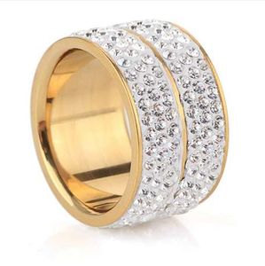 Hip Hop 2 Fileiras Rhinestone Bling Ice Out Anel Anel de Ouro Cor Titânio Aço Inoxidável Anéis para Homens Mulheres Moda Jóias