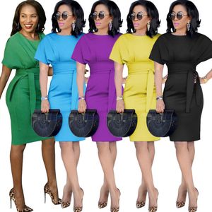 Casual Office Midi Dress Women Formal Stretch Pencil Work Dresses Summer Short Sleeve Bodycon Party Dress Belt Elegant Sexy Women Dresses