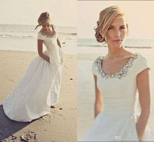 A Crystal Vintage Line Dresses Satin Scoop Neck Beaded Swep Train Custom Made Ruched Beach Wedding Gown